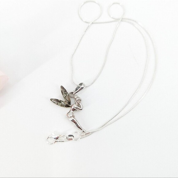 Disney Tinkerbell Jewel Wings Gray SilverTone Charm Pendant Fairy Necklace - Picture 3 of 4